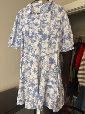 a new day Blue and White Tropical Print Shirt Dress